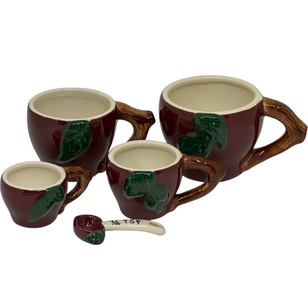 VTG 80s Cracker Barrel Apple Ceramic Measuring Cups & Spoons 5pc‎ Kitchen Decor